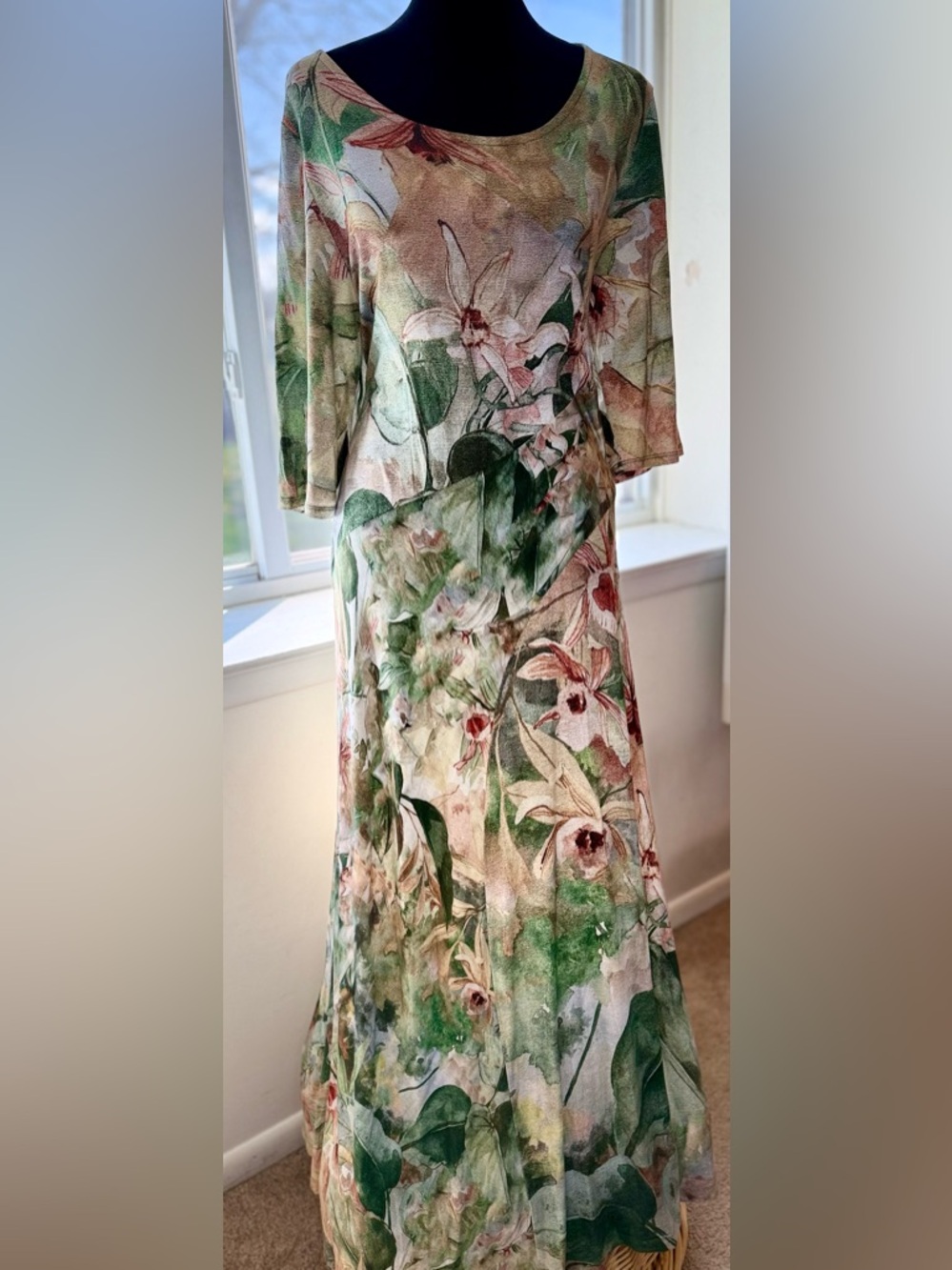 Soft Surroundings Vivienne green tropical lilies maxi dress lightweight Lrg EUC - Picture 3 of 10